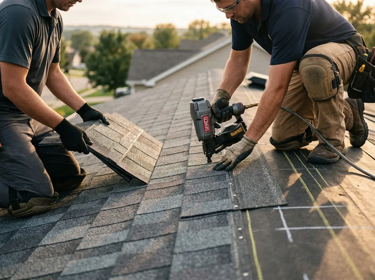 Professional roofer working on a residential roof in Alderwood Manor